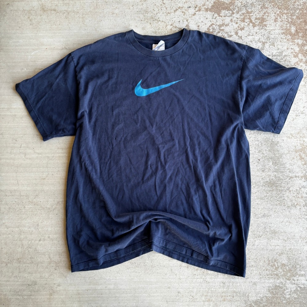 Vintage 90s Nike Center Swoosh T-Shirt XL Navy Blue Made in USA FLAWED